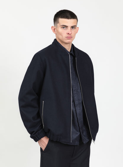 Bomber à Col Murano en Laine d'Italie Bleu Marine