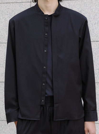 Bomber Collar Overshirt in Navy Blue Serge