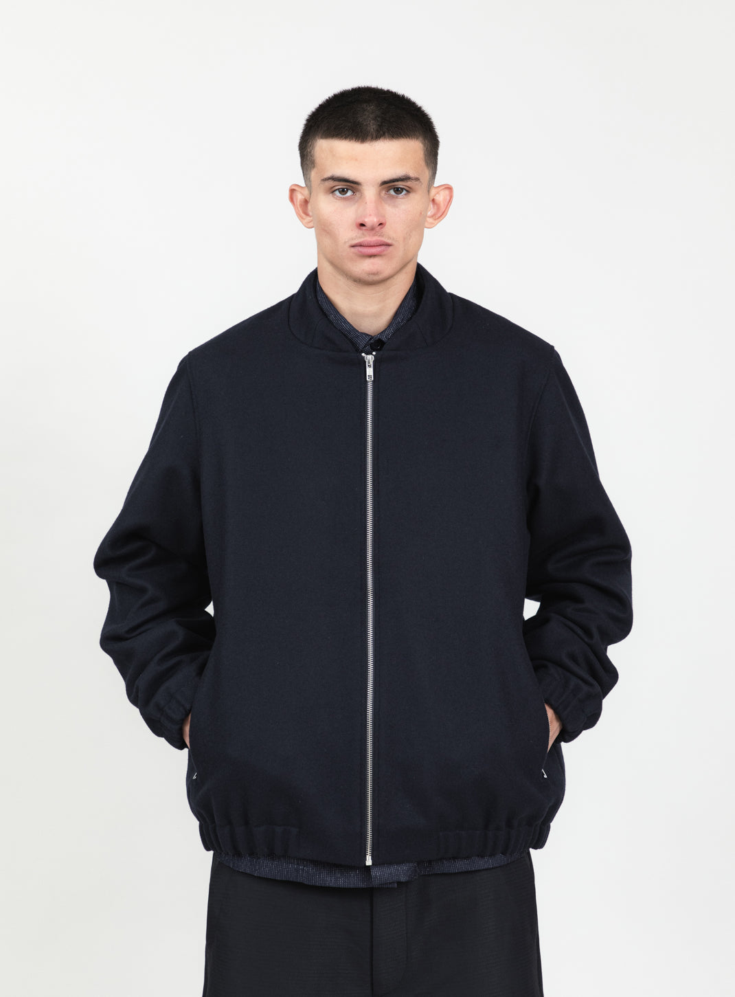 Bomber à Col Murano en Laine d'Italie Bleu Marine