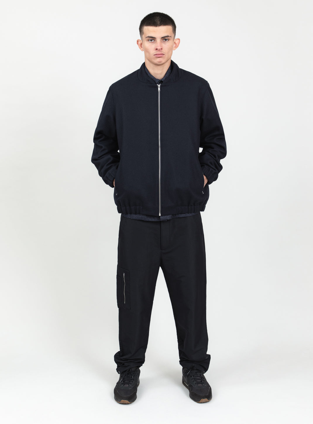 Bomber à Col Murano en Laine d'Italie Bleu Marine