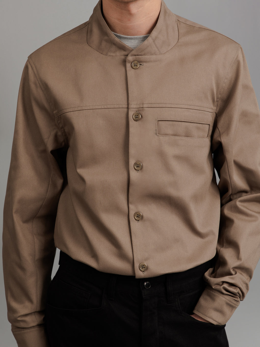 Murano Collar Overshirt in Khaki Cotton Gabardine