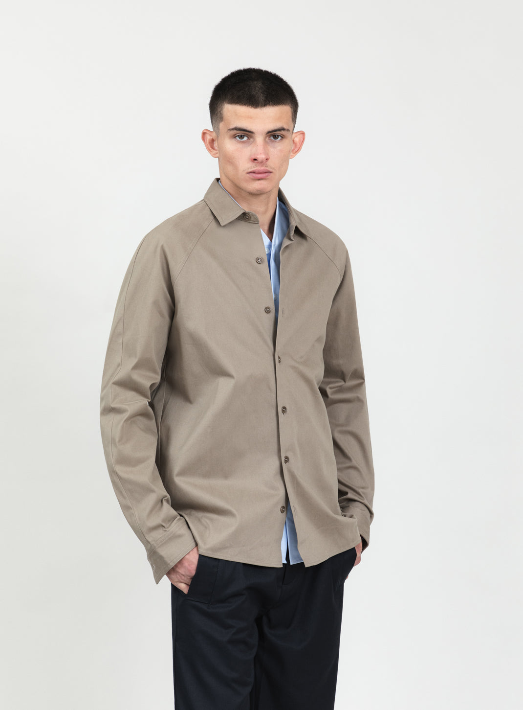 Raglan Sleeve Overshirt in Sand Cotton Gabardine