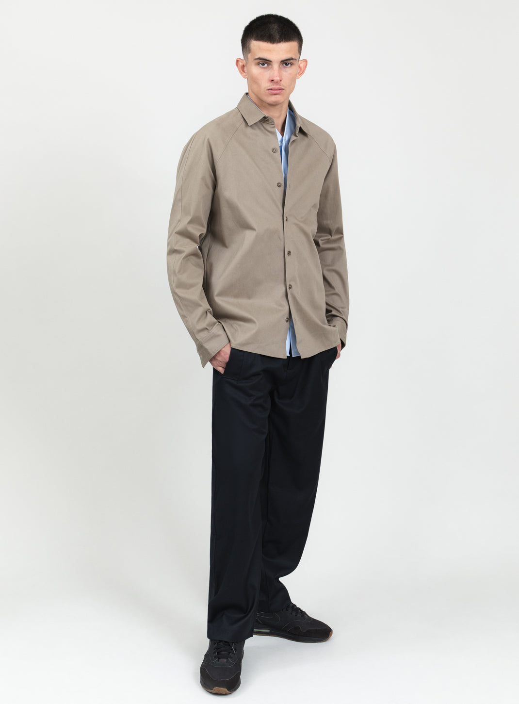 Raglan Sleeve Overshirt in Sand Cotton Gabardine
