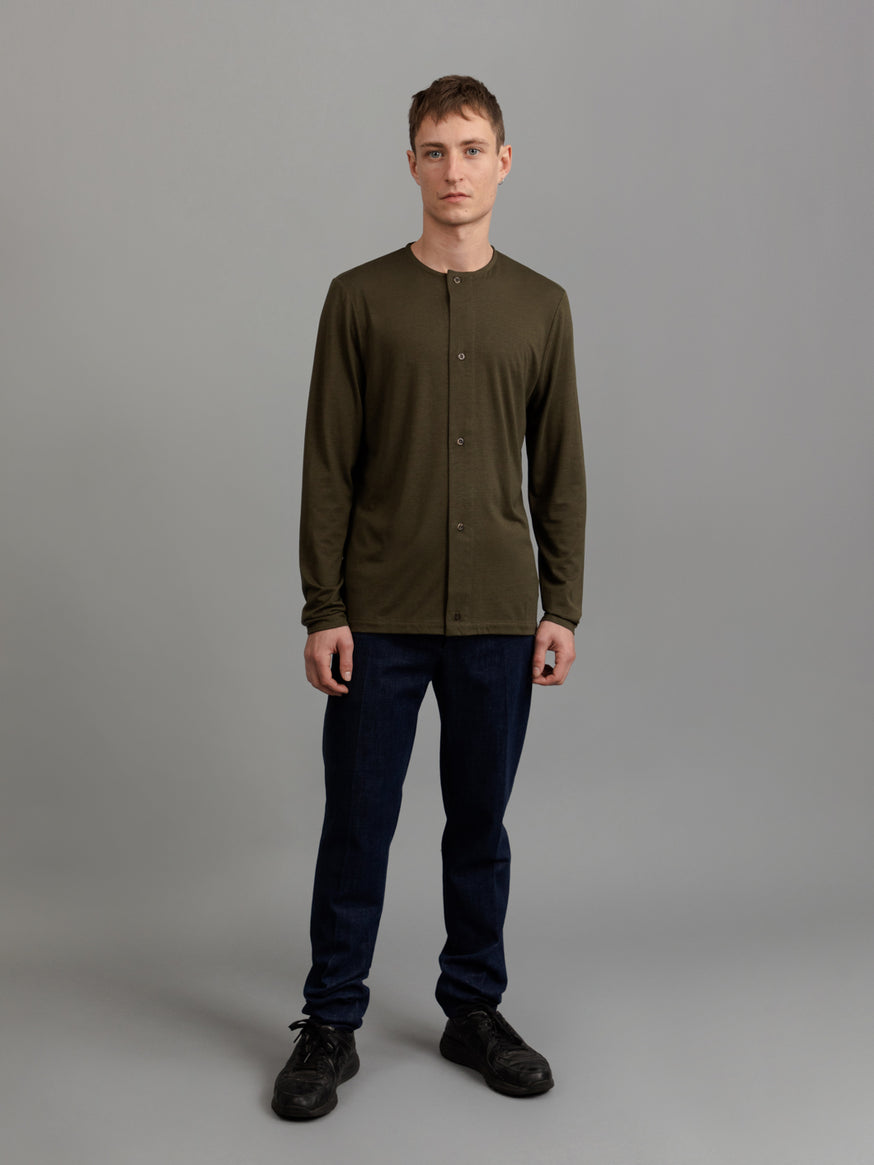 Long Sleeve T-Shirt with 5 Buttons in Olive Eucalyptus & Cotton
