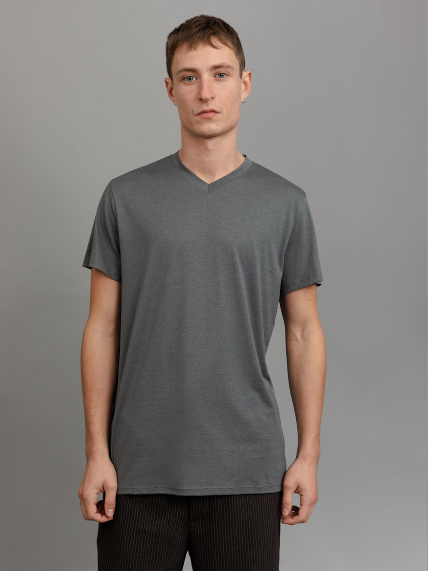 V Neck Short Sleeve T-Shirt in Lead Grey Eucalyptus & Cotton