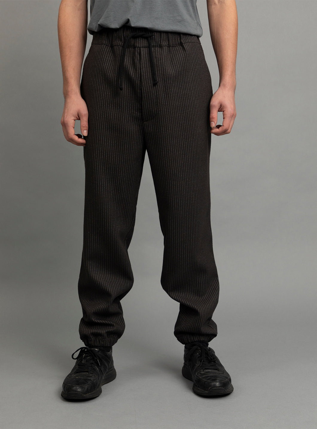 Elastic Waist Pants with Italian Pockets in Grey Fine Stripe Two-Face Fabric