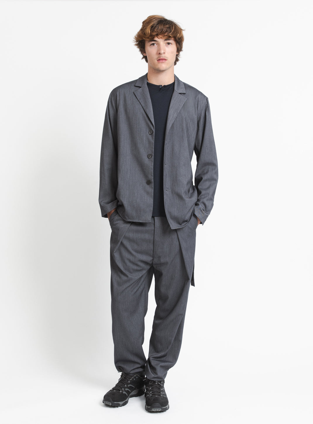 Belted Waist Blazer Jacket in Dark Grey Serge