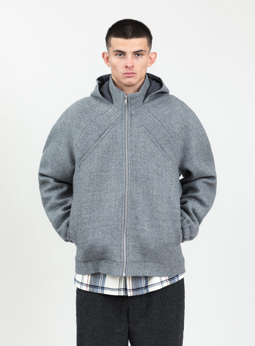 X Collar Puffer Jacket in Light Gray 100% Italian Wool