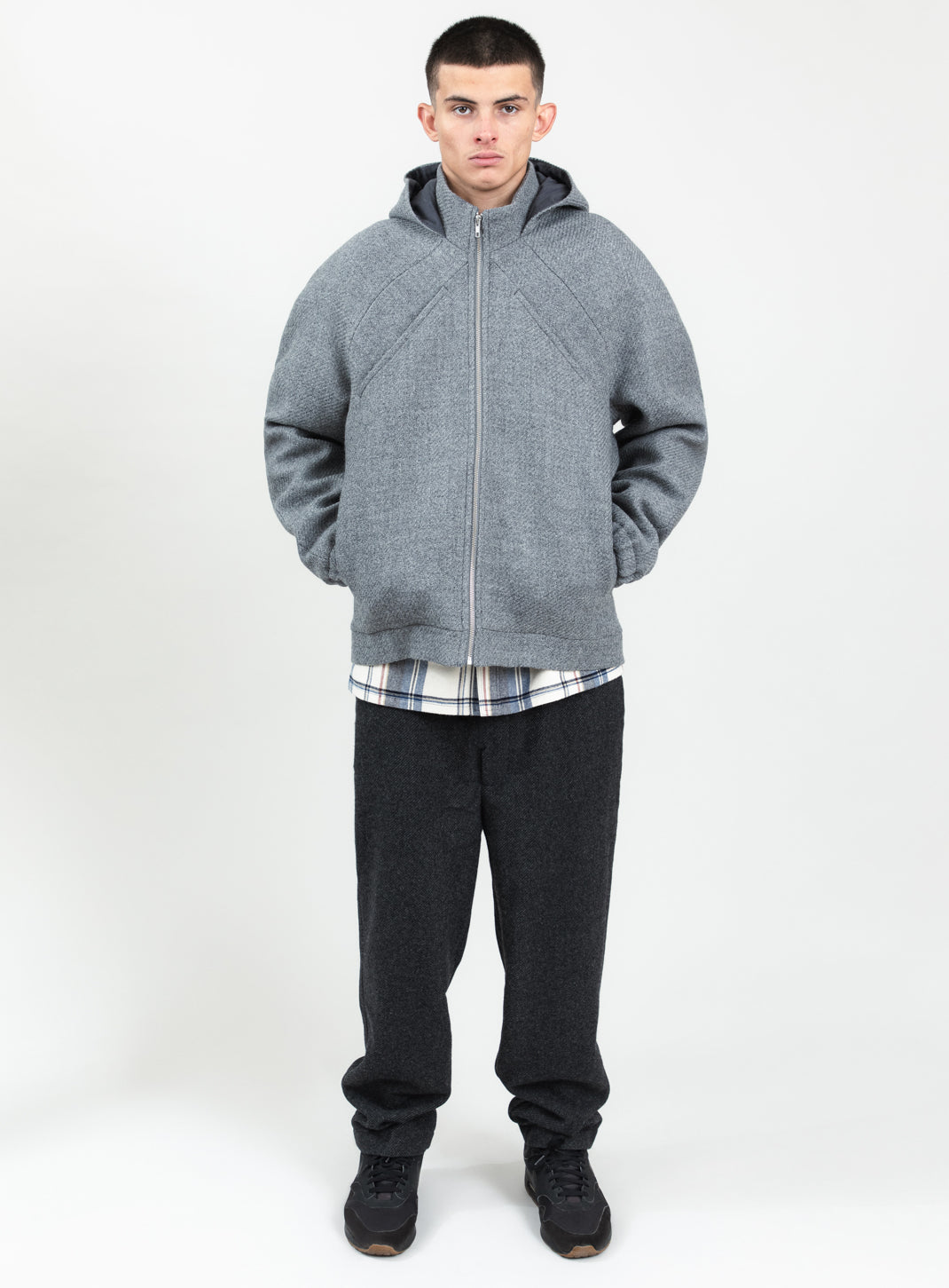 X Collar Puffer Jacket in Light Gray 100% Italian Wool