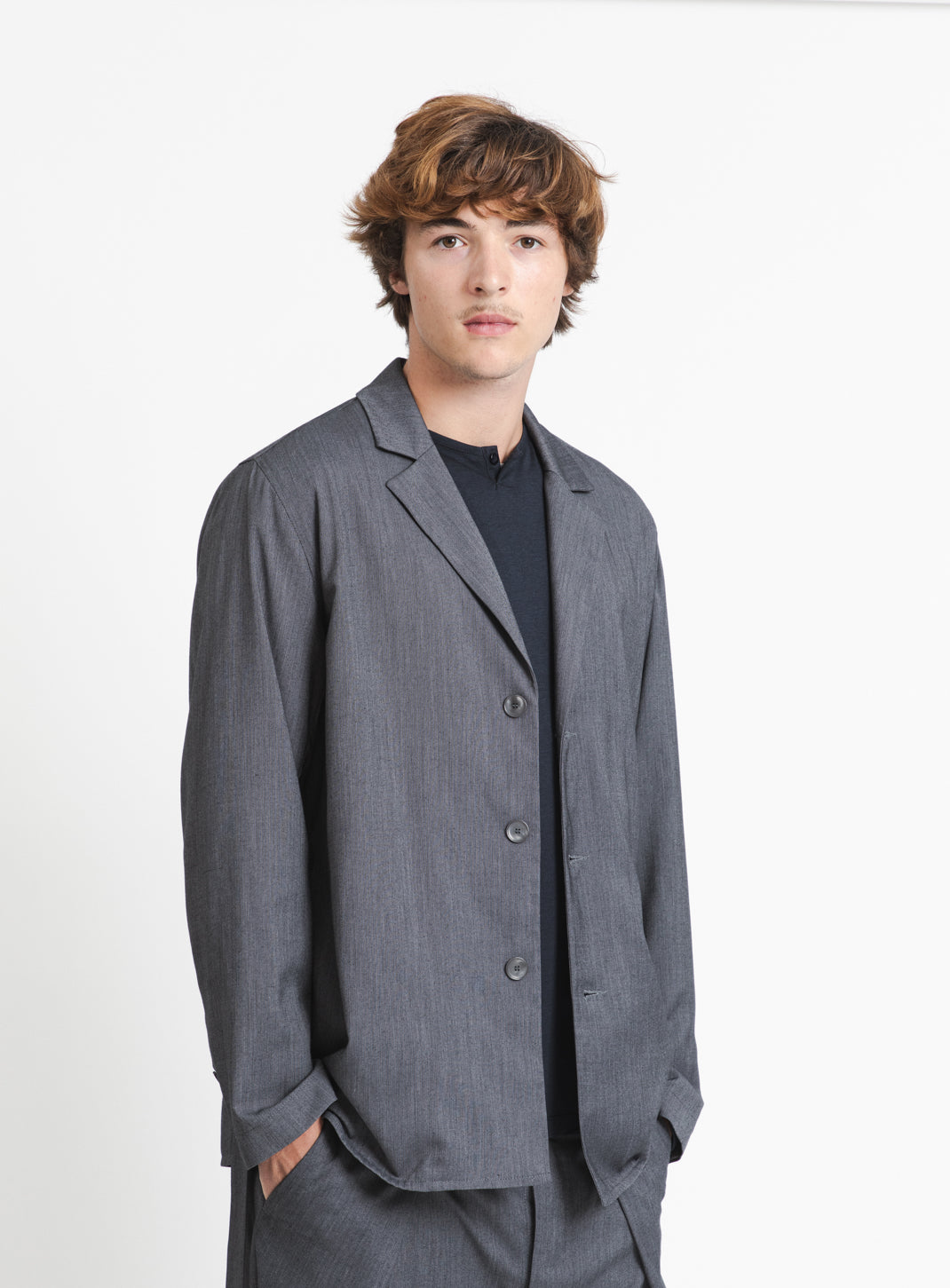 Belted Waist Blazer Jacket in Dark Grey Serge