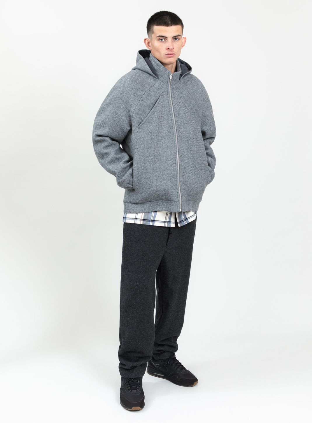 X Collar Puffer Jacket in Light Gray 100% Italian Wool