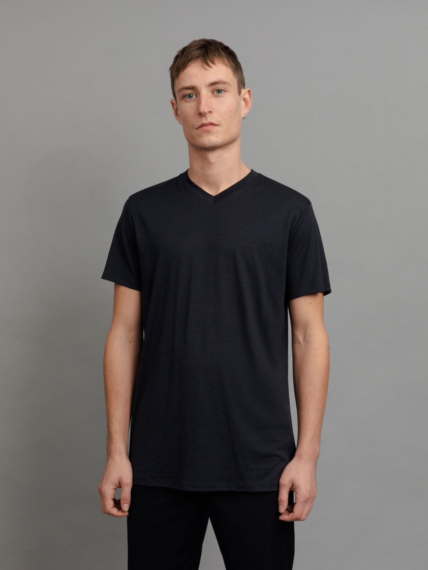 V Neck Short Sleeve T-Shirt in Navy Blue Eucalyptus & Cotton
