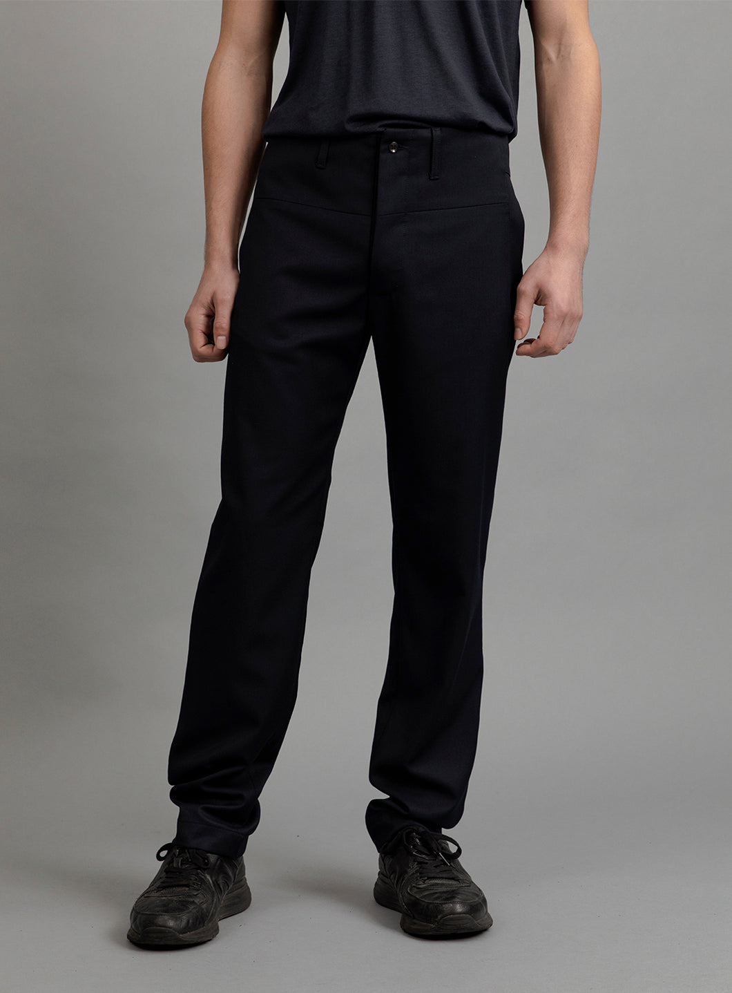 Pants with Large Waist Belt in Navy Blue Serge Fabric