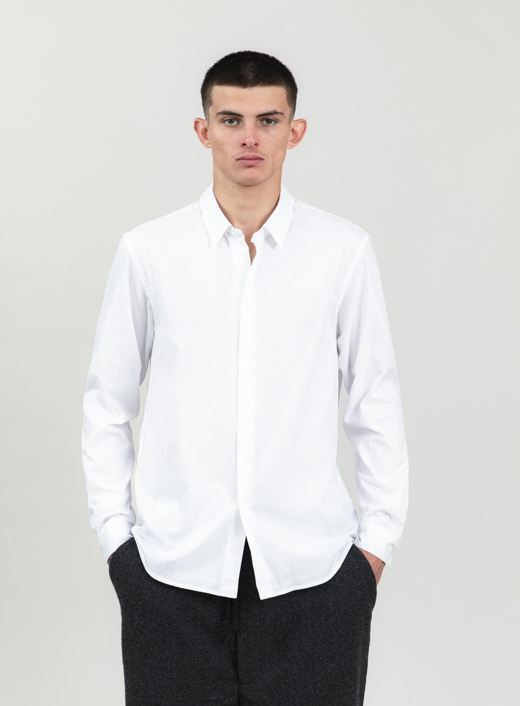 Shirt with Small Collar Stand in White End-on-End