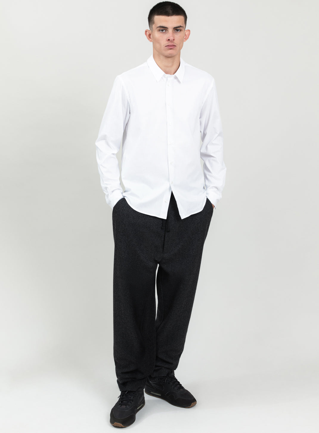 Shirt with Small Collar Stand in White End-on-End