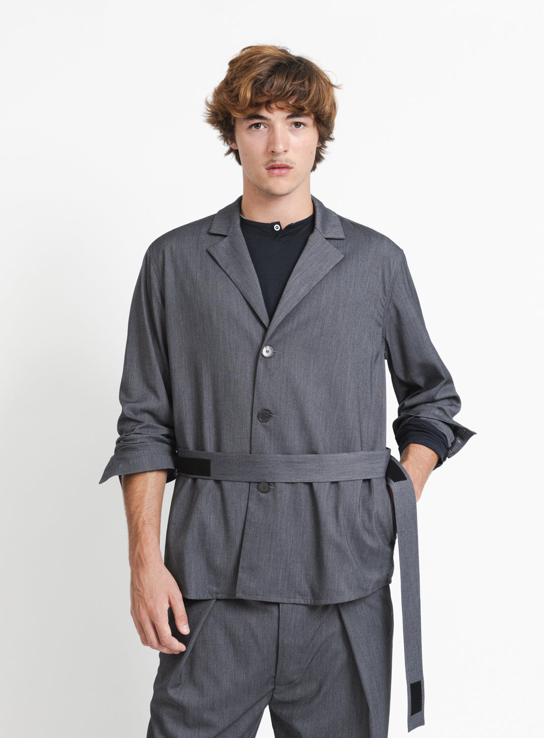 Belted Waist Blazer Jacket in Dark Grey Serge
