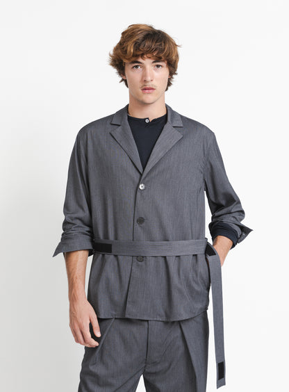 Belted Waist Blazer Jacket in Dark Grey Serge