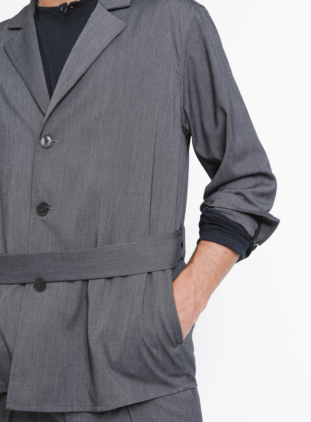 Belted Waist Blazer Jacket in Dark Grey Serge