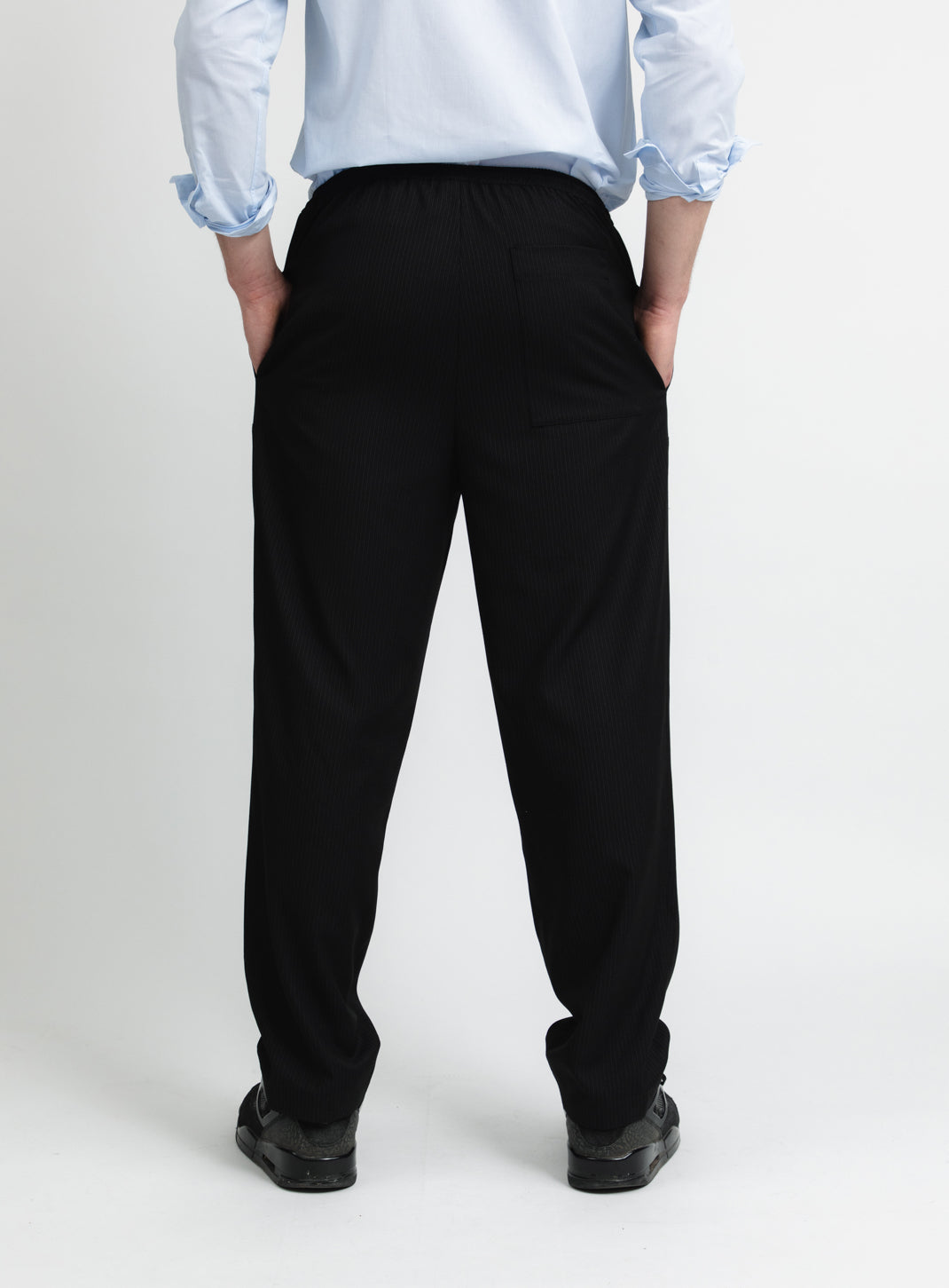 Elastic Pants with Stop Button in Black Fine Stripe Serge