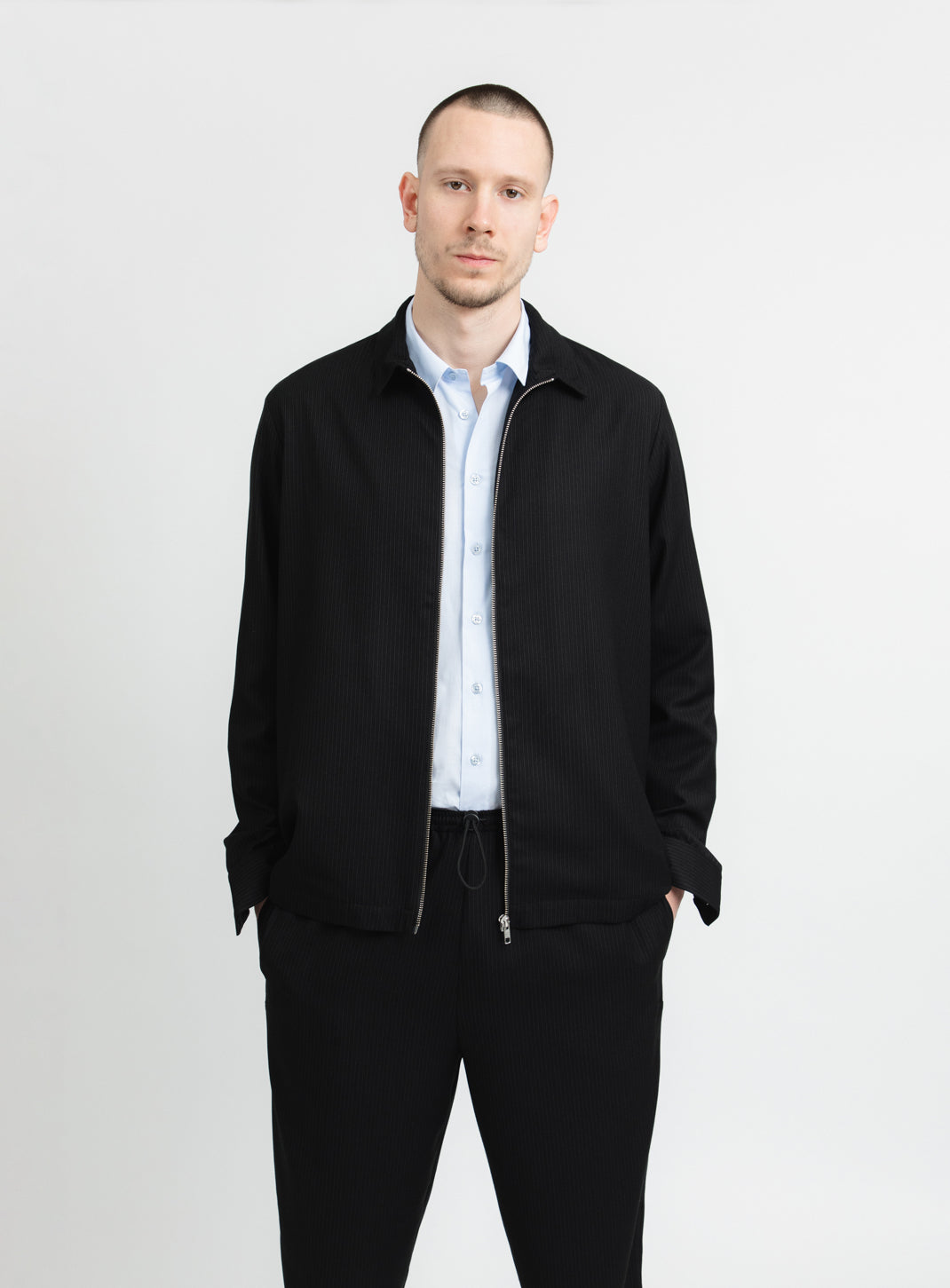 Zipped Overshirt with Notched Pockets in Black Fine Stripe Serge