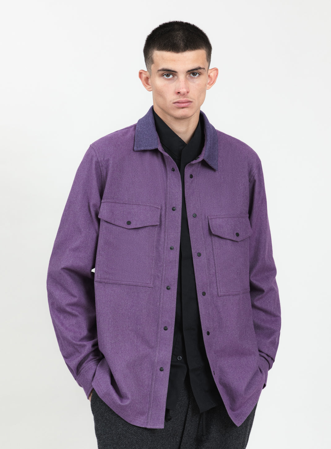 Overshirt with Ribbed Collar in Heather Purple Cotton Flannel