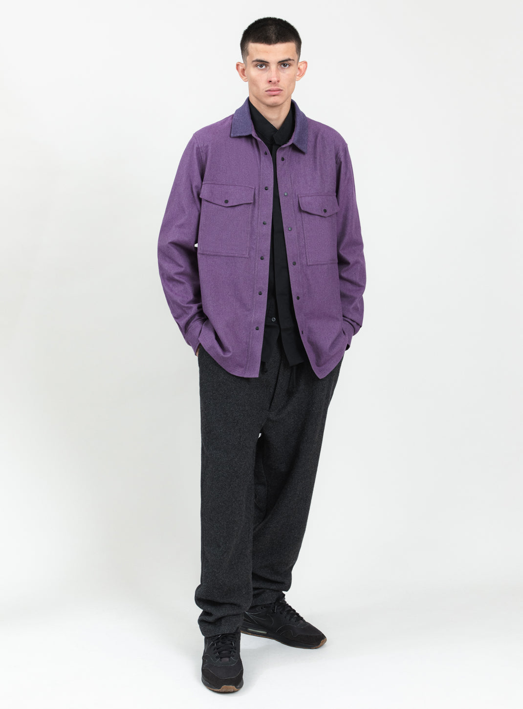 Overshirt with Ribbed Collar in Heather Purple Cotton Flannel