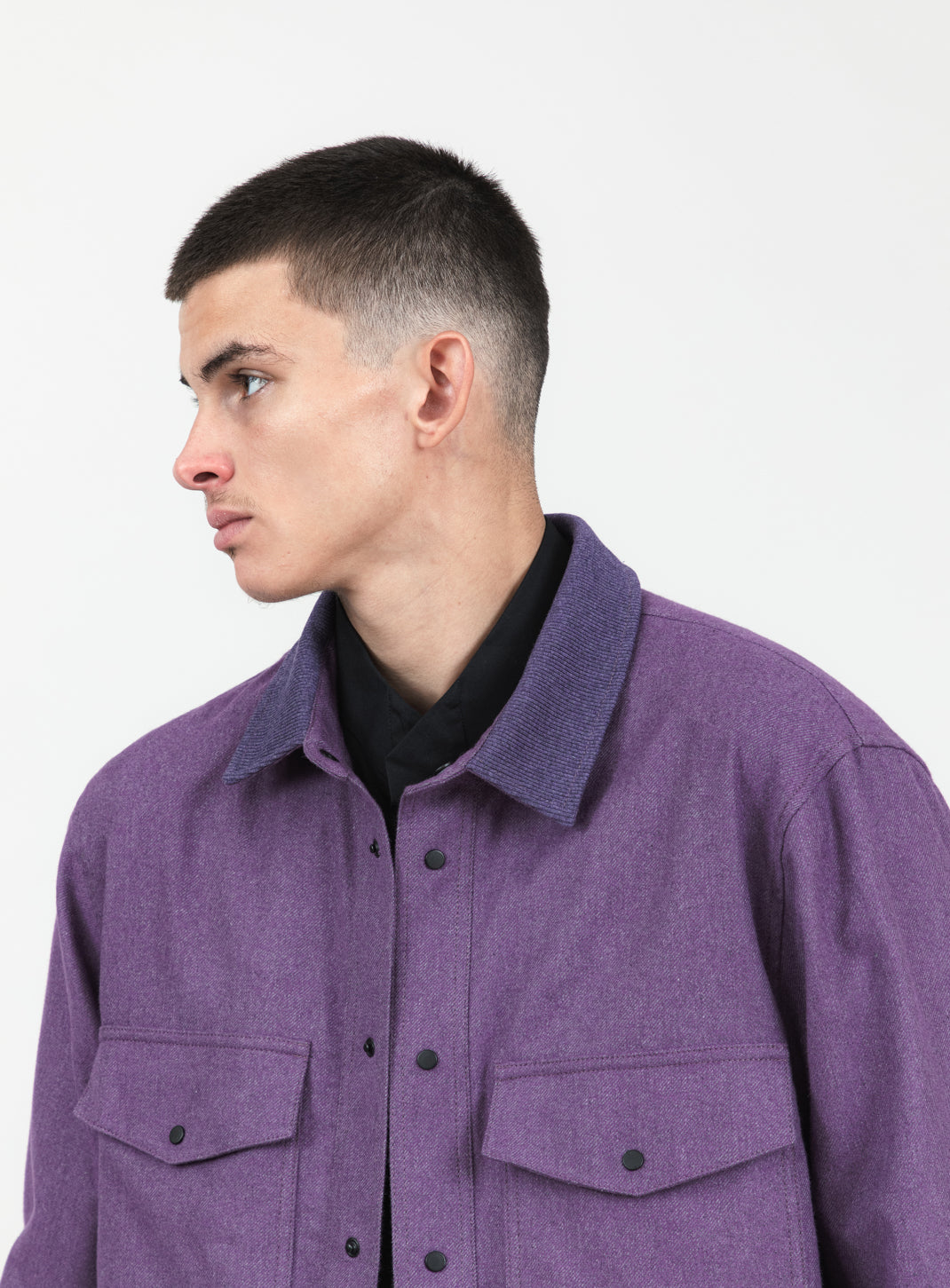 Overshirt with Ribbed Collar in Heather Purple Cotton Flannel
