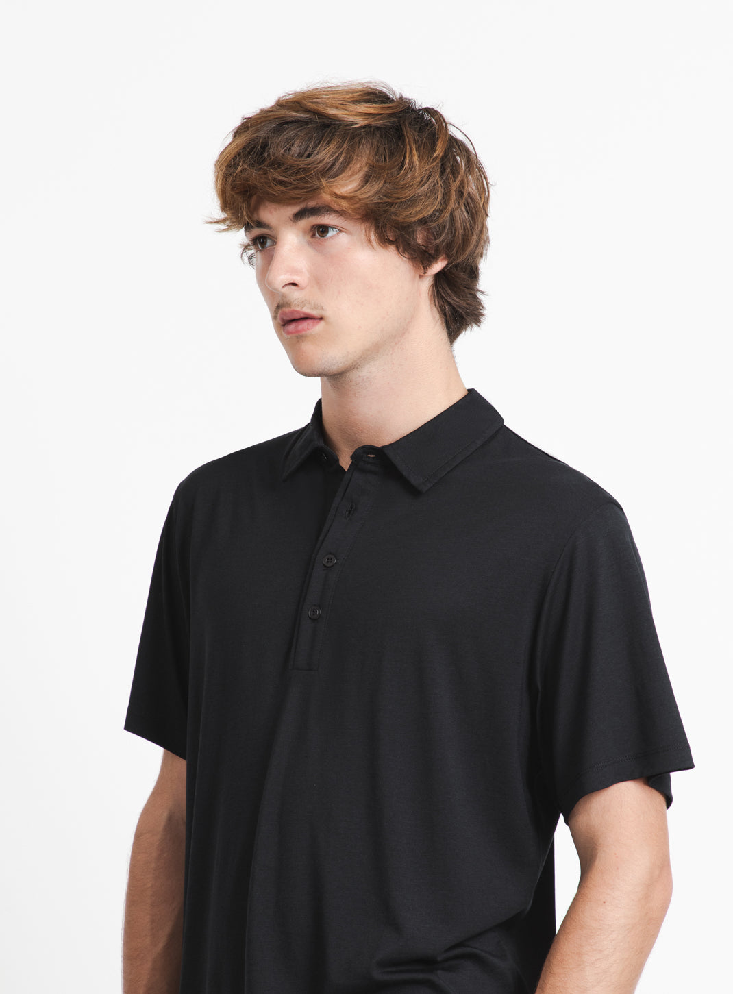 Pleated Tab Short Sleeve Poloshirt in Black Eucalyptus & Cotton