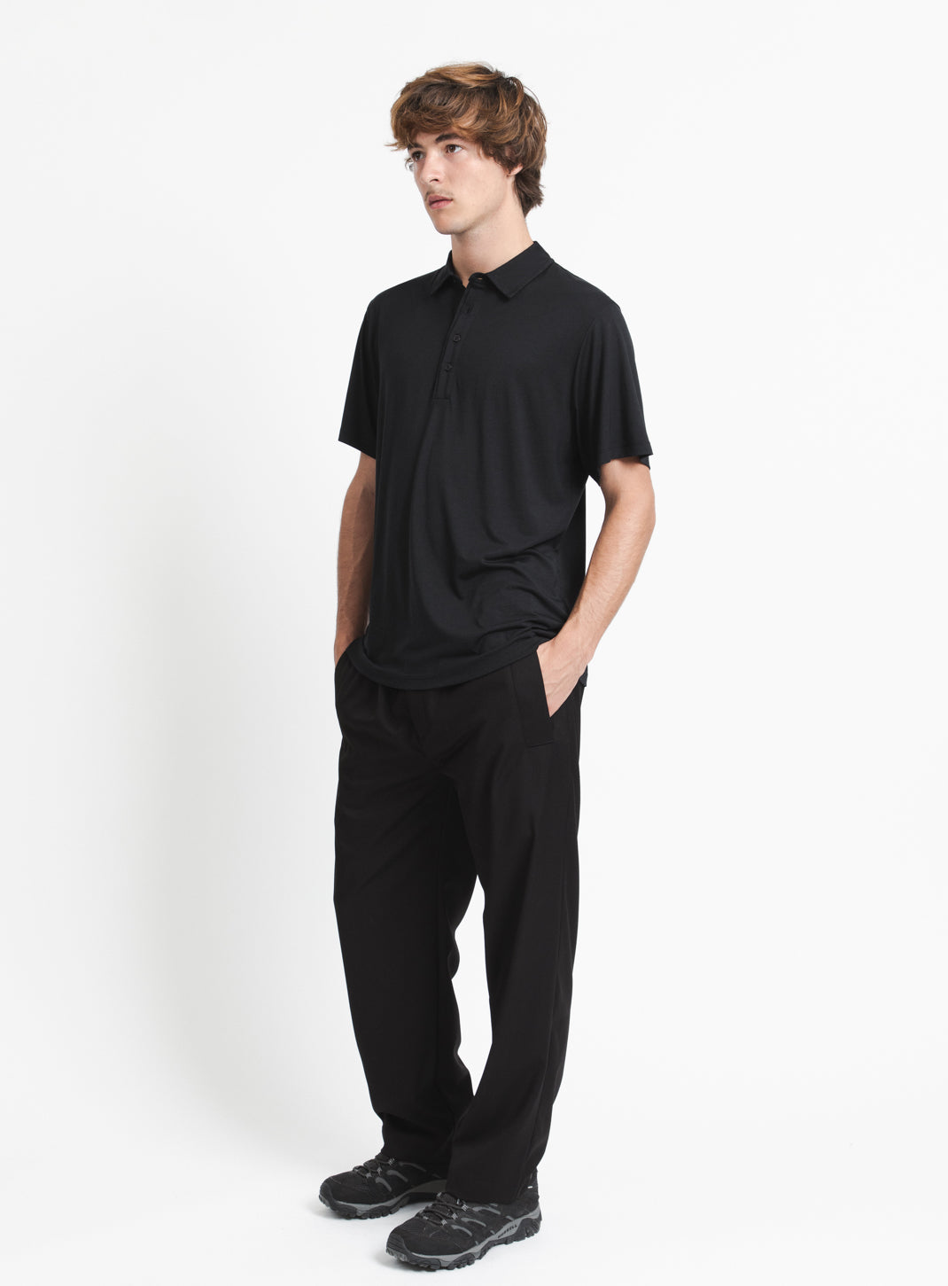 Pleated Tab Short Sleeve Poloshirt in Black Eucalyptus & Cotton