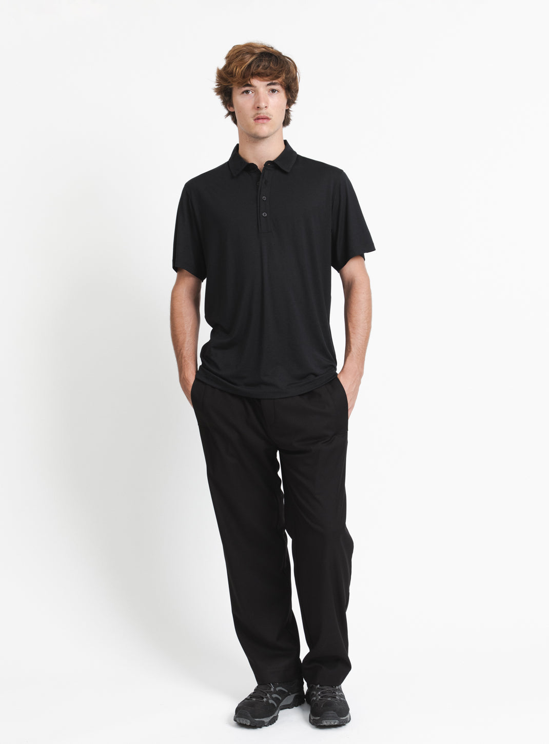 Pleated Tab Short Sleeve Poloshirt in Black Eucalyptus & Cotton