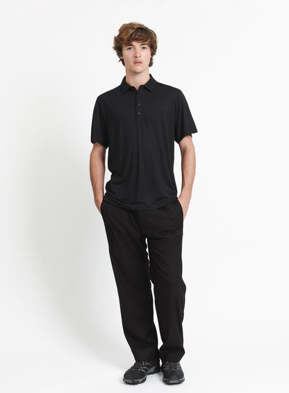 Pleated Tab Short Sleeve Poloshirt in Black Eucalyptus & Cotton