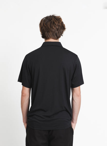 Pleated Tab Short Sleeve Poloshirt in Black Eucalyptus & Cotton