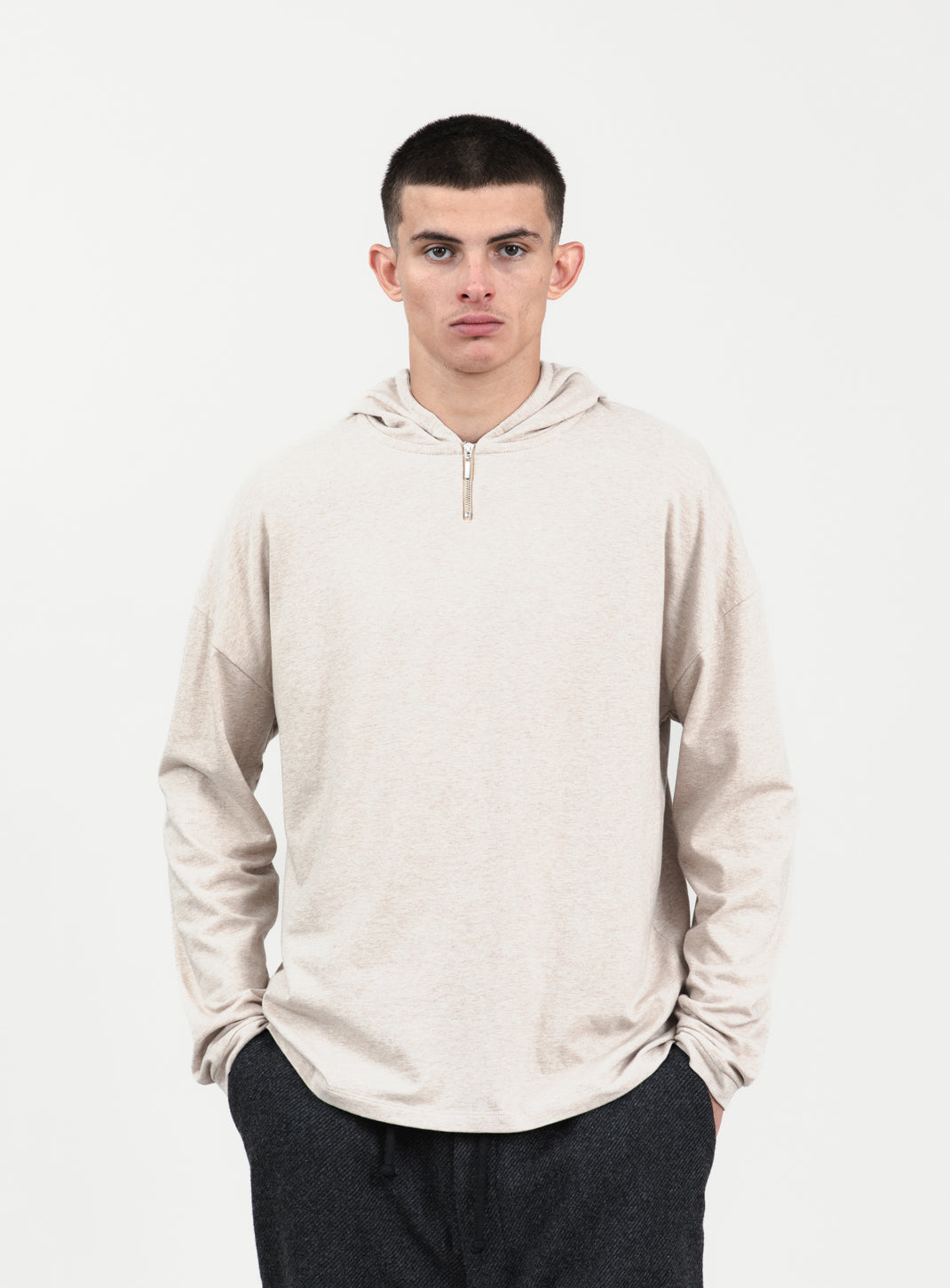 Hooded T-Shirt in Heather Beige Cotton & Elastane