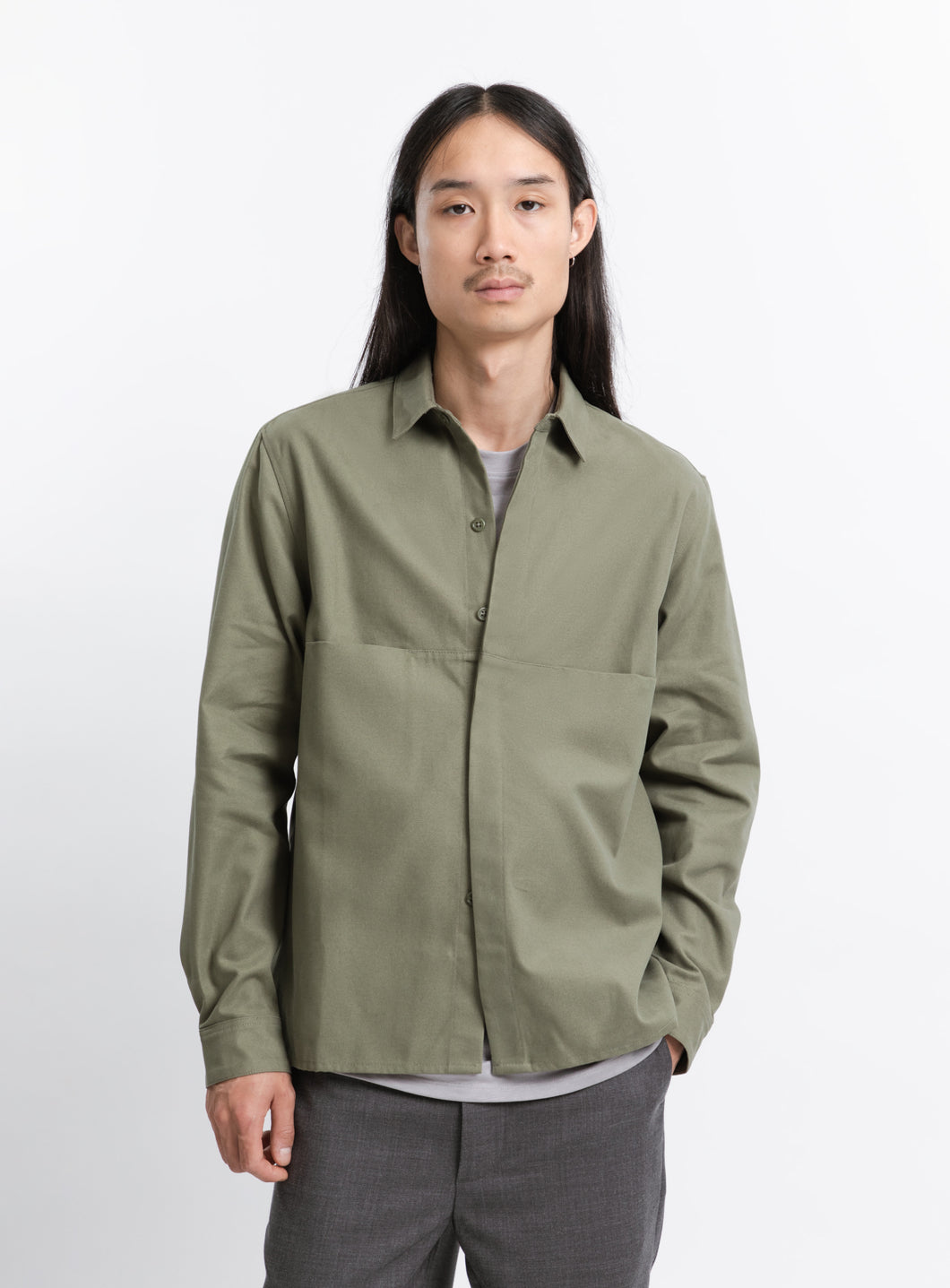 Overshirt with Front Cuts in Olive Canvas