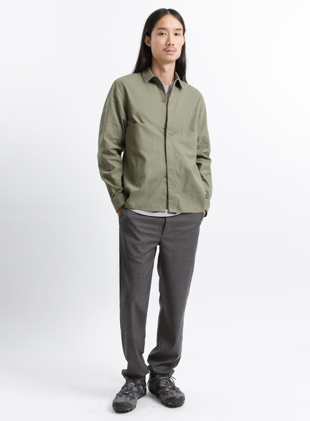 Overshirt with Front Cuts in Olive Canvas