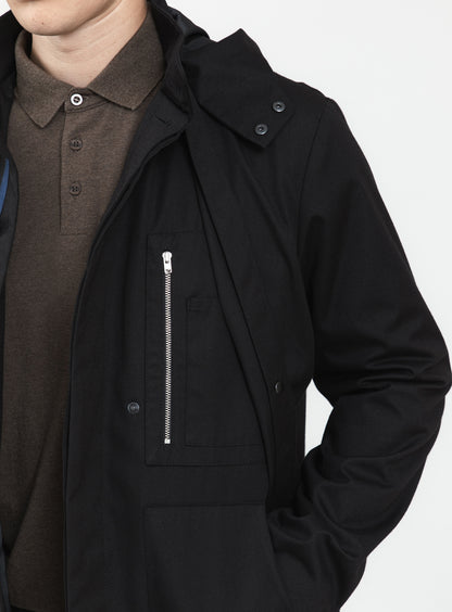 Multi Pockets Flapped Parka in Black Waterproof Teflon