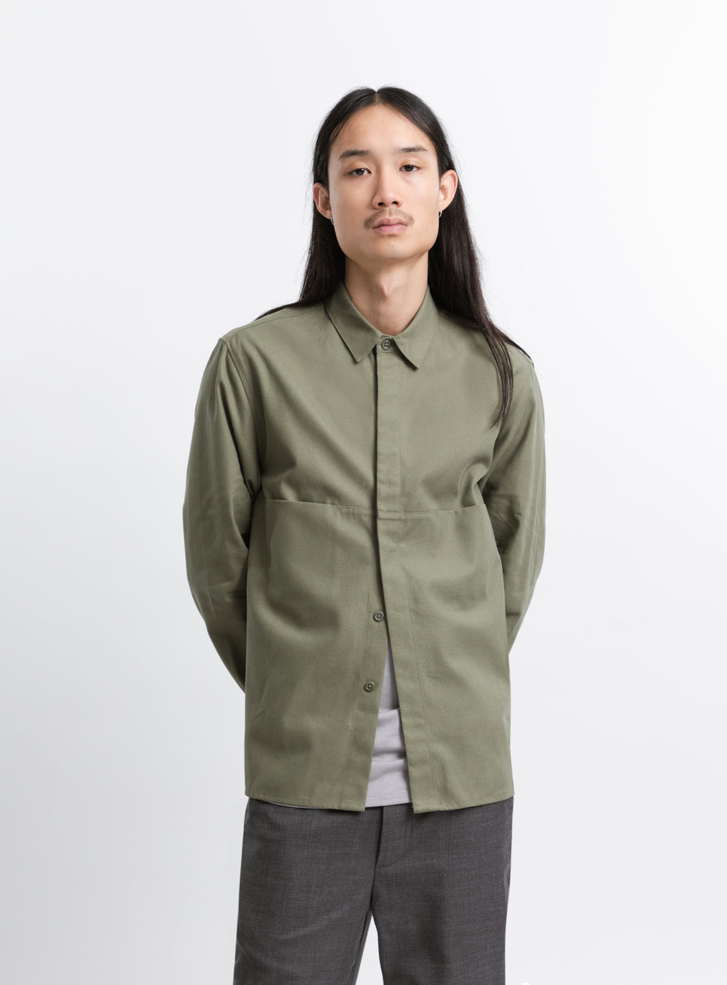 Overshirt with Front Cuts in Olive Canvas