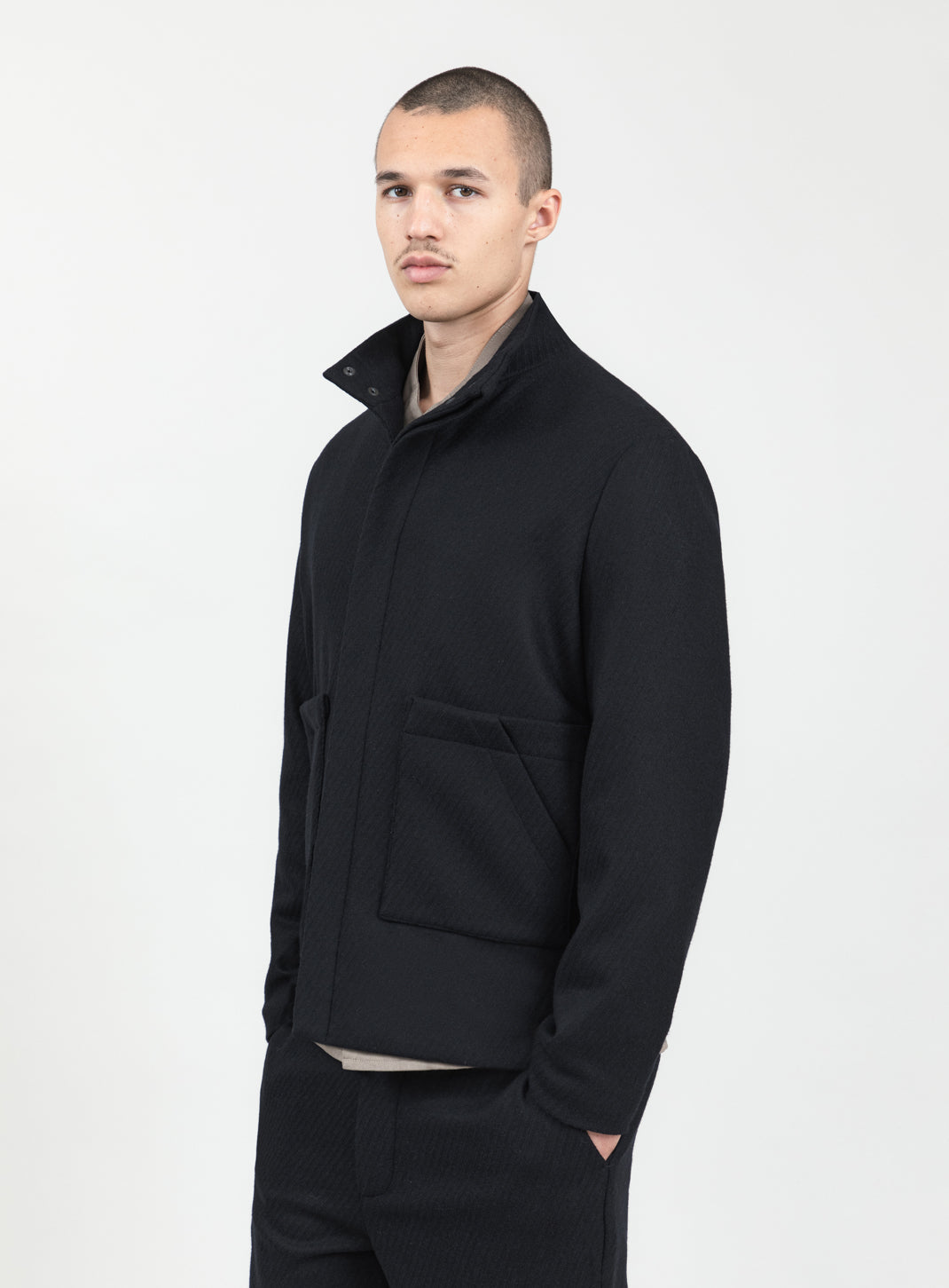Blouson-Saharienne en Laine & Cachemire Bleu Marine