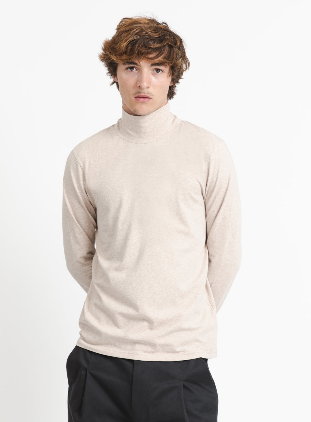 Sous-Pull à Col Cheminée en Coton & Elasthanne Beige Chiné