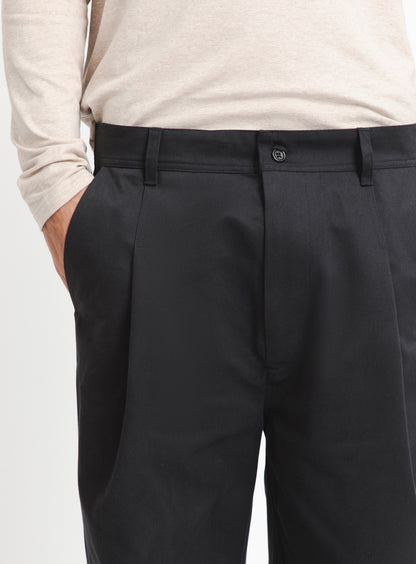 Large Pleated Pants in Navy Blue Cotton Gabardine