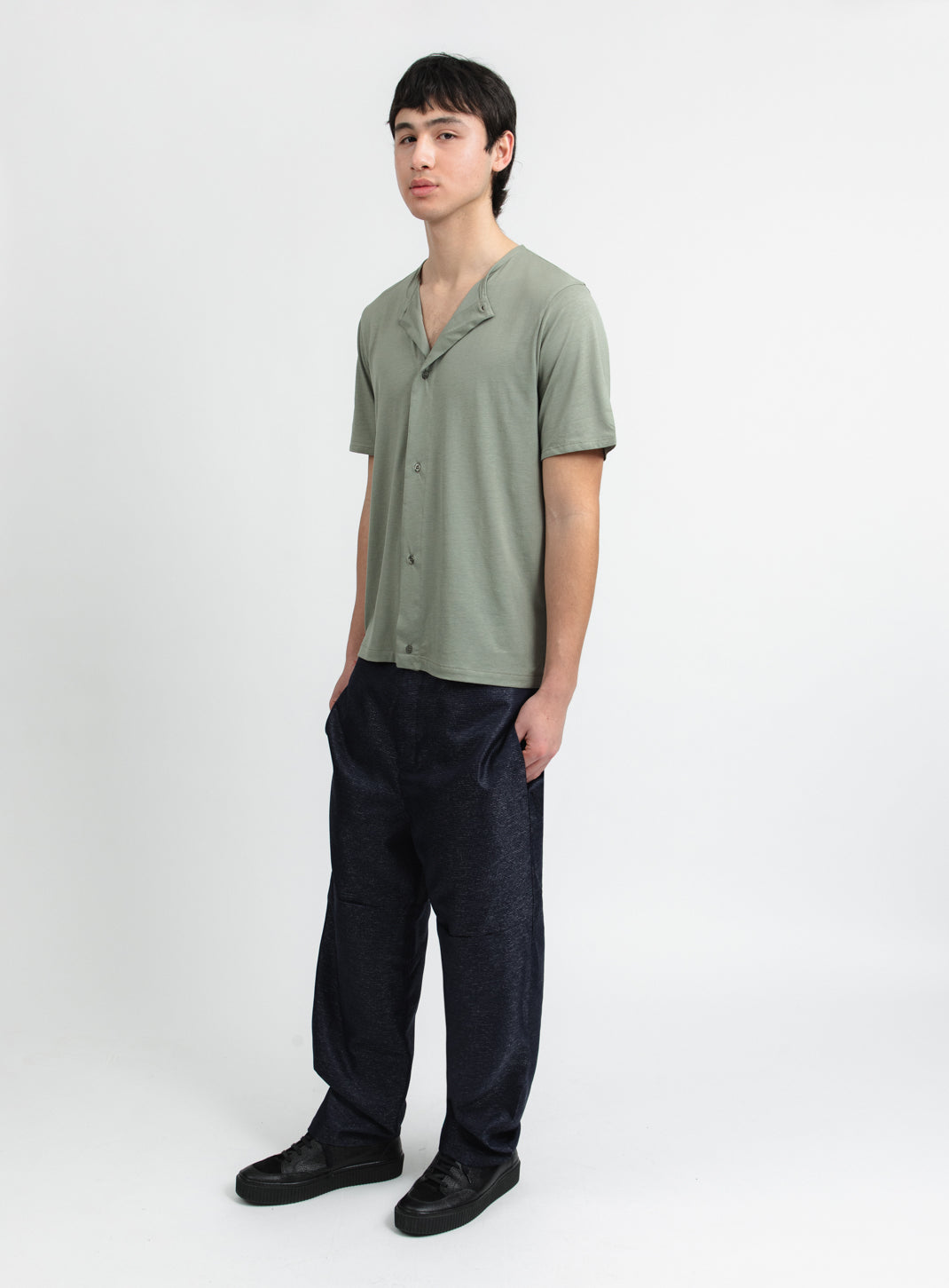 Pants with Front Cuts in Navy Blue Technical End-on-End