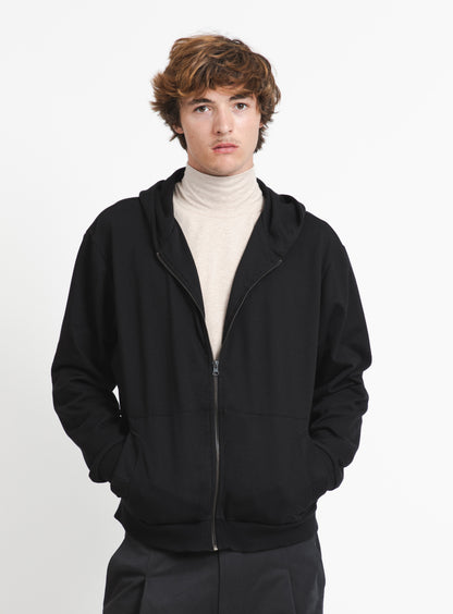 Hooded Cardigan with Notched Pockets in Black Fleece