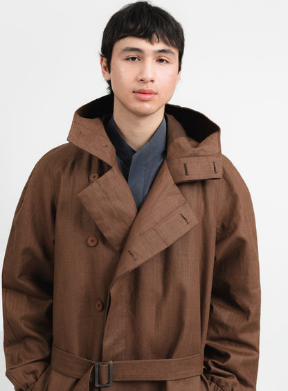 Trench Coat with Crossed Collar in Tobacco Waterproof 100% Linen Canvas