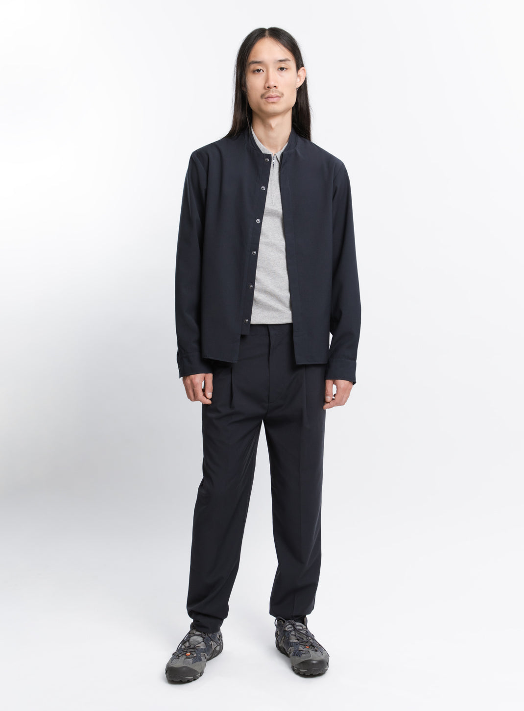 Bomber Collar Overshirt in Navy Blue Serge
