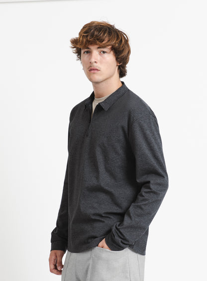 Long Sleeve Zipped Poloshirt in Heather Dark Grey Technical Knit