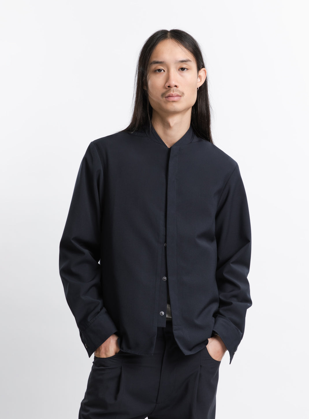 Bomber Collar Overshirt in Navy Blue Serge