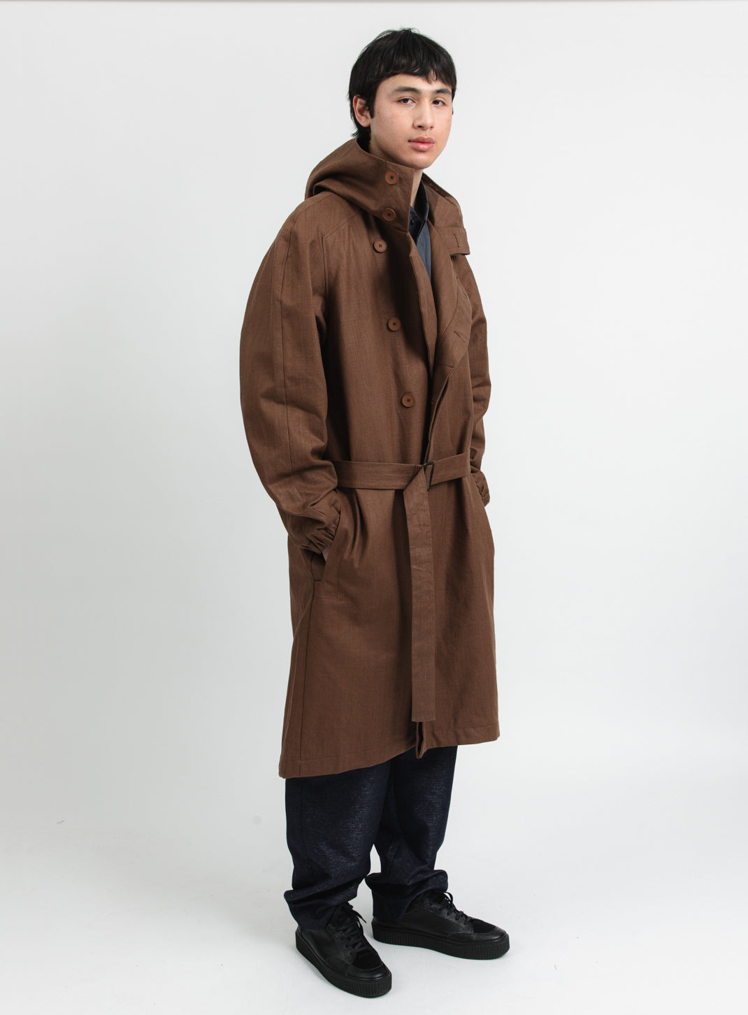 Trench Coat with Crossed Collar in Tobacco Waterproof 100% Linen Canvas