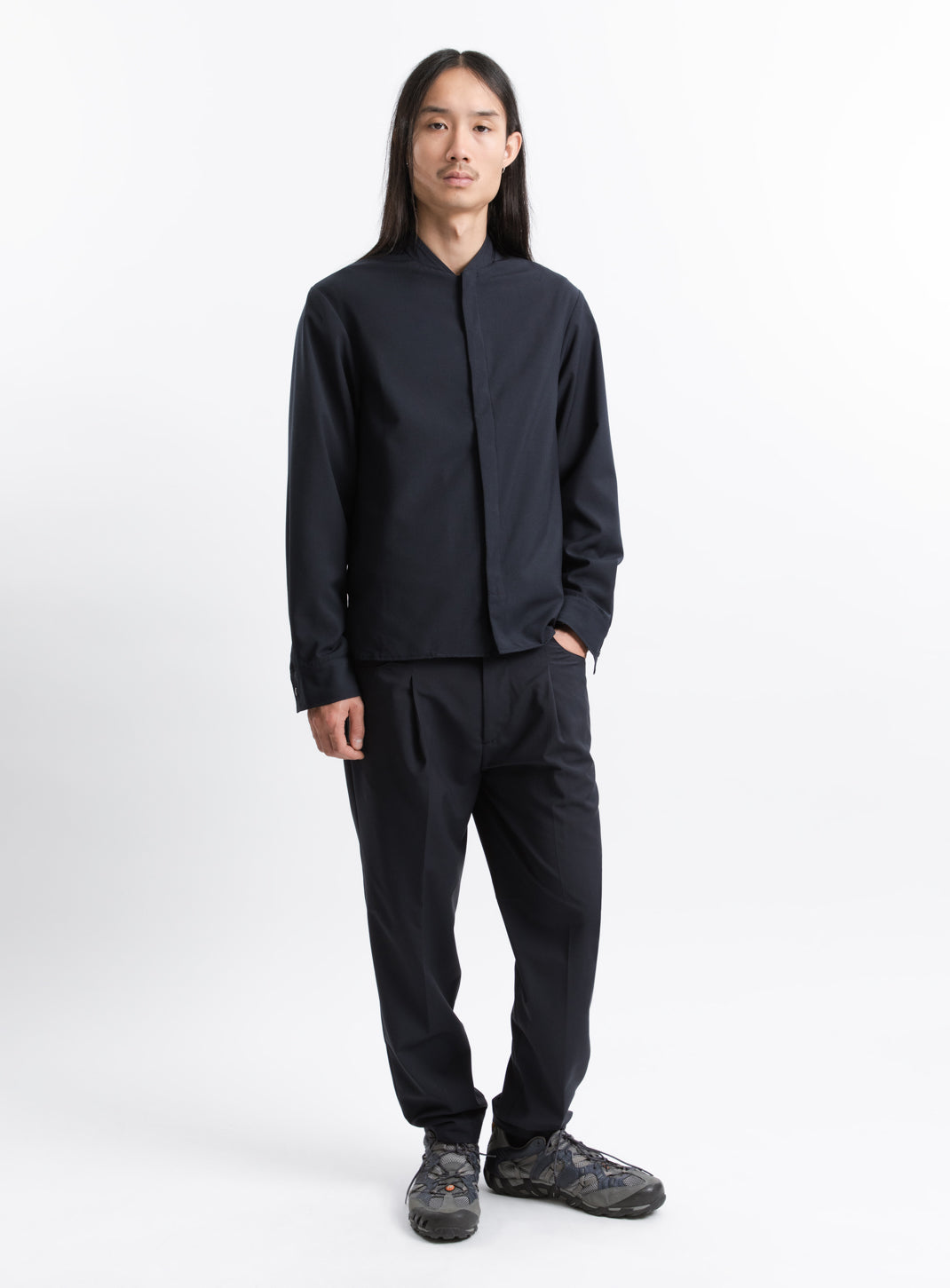 Bomber Collar Overshirt in Navy Blue Serge