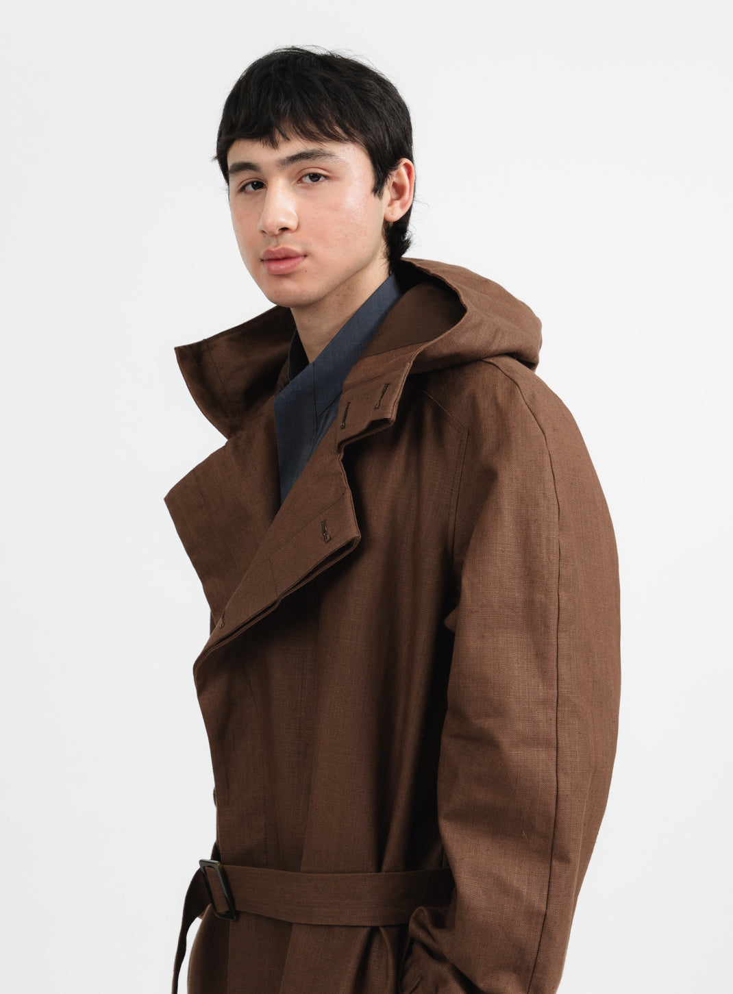 Trench Coat with Crossed Collar in Tobacco Waterproof 100% Linen