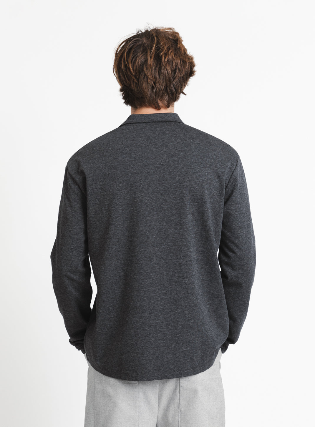 Long Sleeve Zipped Poloshirt in Heather Dark Grey Technical Knit